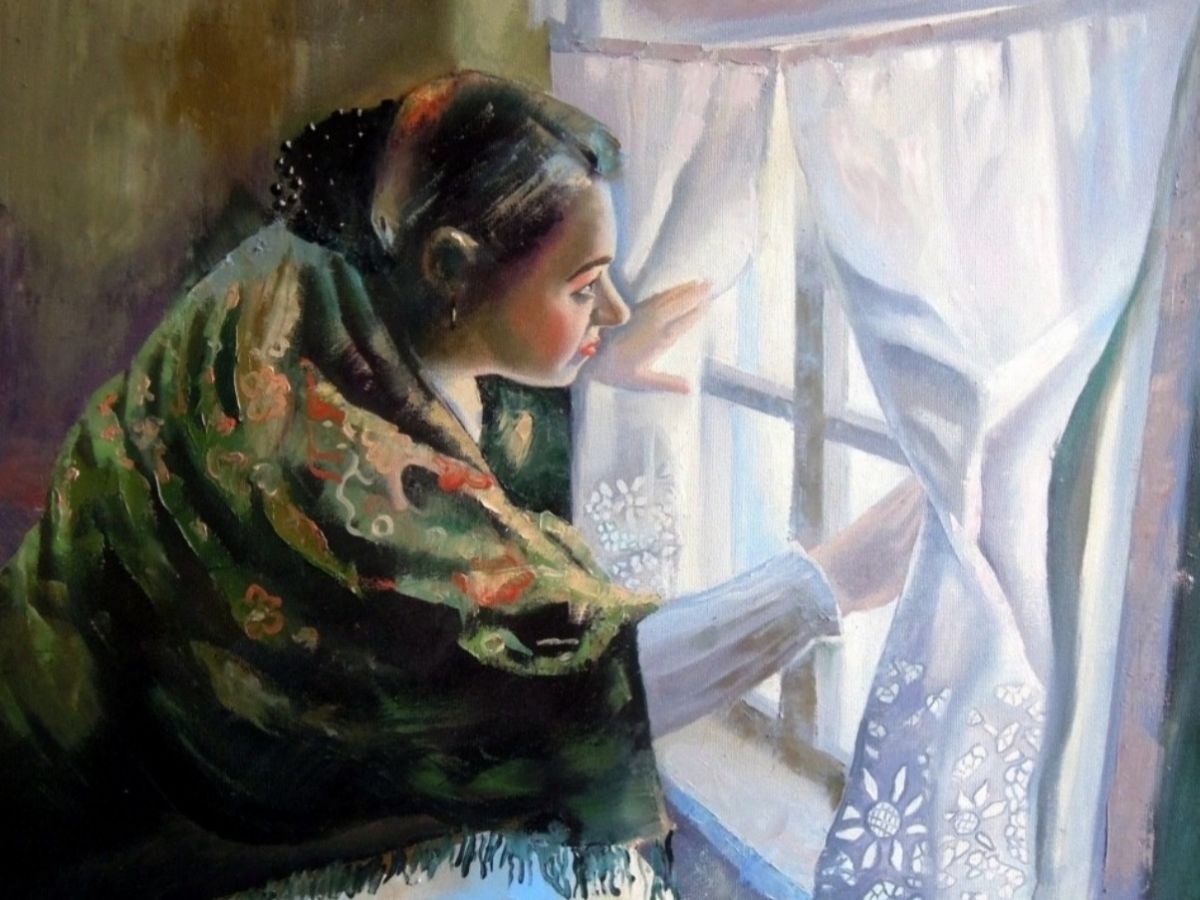 Посмотри в мамины. Женщина у окна живопись. Женщина у зимнего окна.