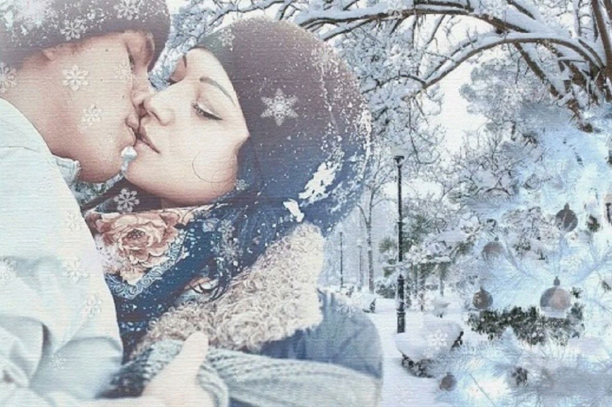 Просто падает снег. Влюбленные зимой. Зимняя сказка любовь. Зимняя романтика. Зимний поцелуй.