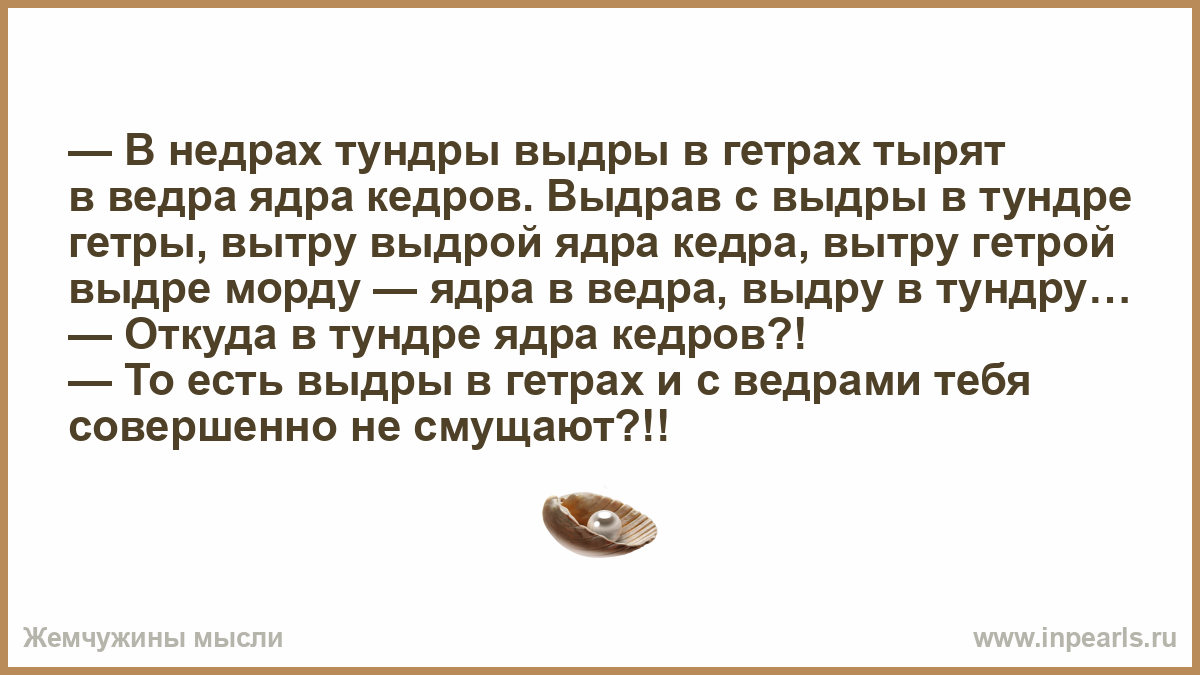 Выдра в тундре тырит ядра. В недрах тундры. В тундрах выдры в гетрах тырят в вёдра ядра Кедров. В недрах тундры выдры.